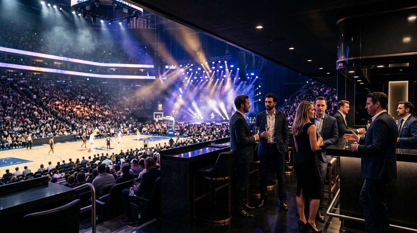 Luxury sports and music activation environment with lights, stage, and arena energy